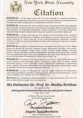New York State Honours Prof D Madhu Krishan 1